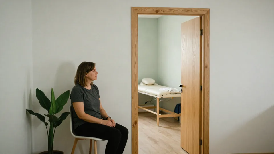 Salle d’attente calme d’un cabinet de kinésithérapie : une patiente assise, la porte de la salle de soins ouverte
